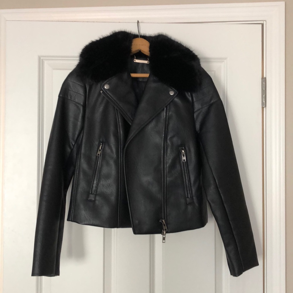 T Tahari Faux Fur Collar and Faux Leather Moto Jacket